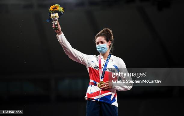 Tokyo , Japan - 6 August 2021; Kate French of Great Britain celebrates winning the gold medal in the women's modern pentathlon at Tokyo Stadium on...