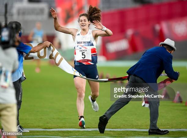 Tokyo , Japan - 6 August 2021; Kate French of Great Britain races to the finish line during the women's individual laser run at Tokyo Stadium on day...
