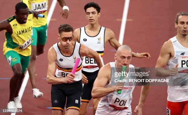 Belgian Dylan Borlee and Belgian Jonathan Sacoor pictured in action during the heats of the 4x400m men relay race on the day 15 of the 'Tokyo 2020...