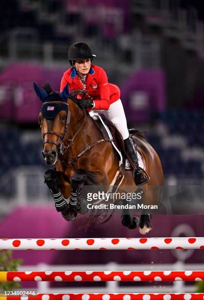 Tokyo , Japan - 6 August 2021; Jessica Springsteen of the United States riding Don Juan Van De Donkhoeve during the jumping team qualifier at the...