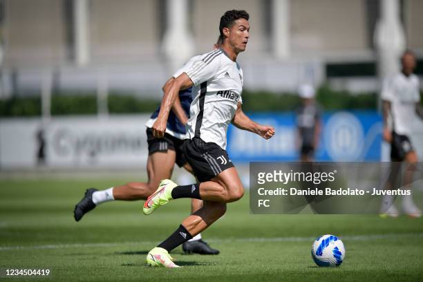 Juventus player Cristiano Ronaldo in action during a morning training session at JTC on August 5, 2021 in Turin, Italy.