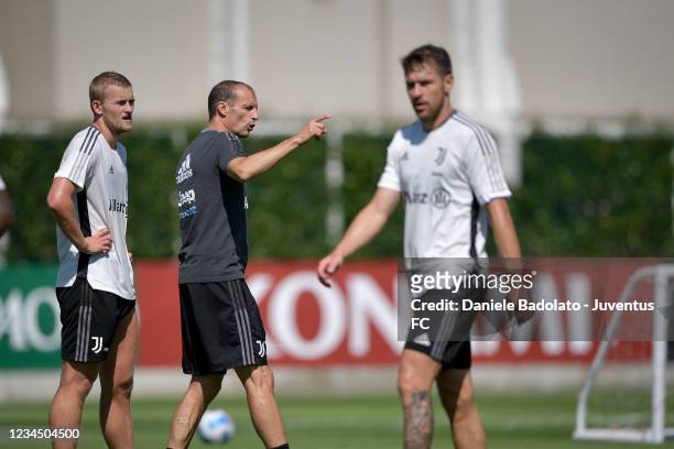 Juventus coach Massimiliano Allegri in action during a morning training session at JTC on August 5, 2021 in Turin, Italy.