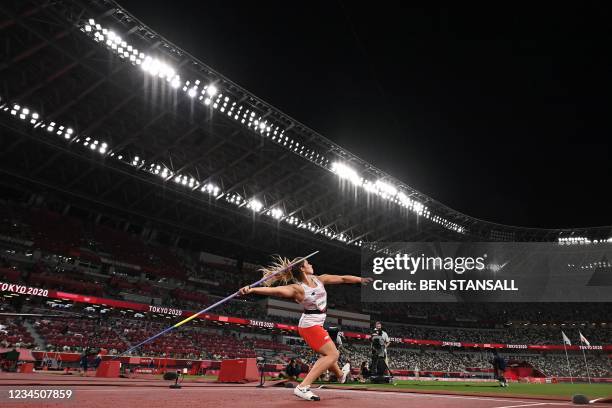 Poland's Maria Andrejczyk competes in the women's javelin throw final during the Tokyo 2020 Olympic Games at the Olympic Stadium in Tokyo on August...