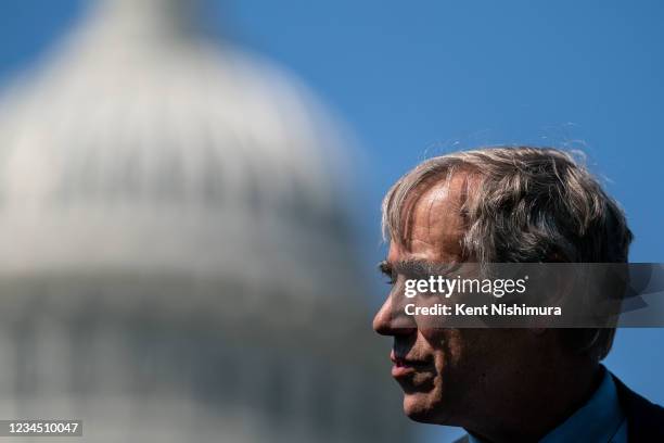 Sen. Jeff Merkley speaks at a news conference on Voting Rights with Texas Democratic State Legislators on the anniversary of the signing of the...