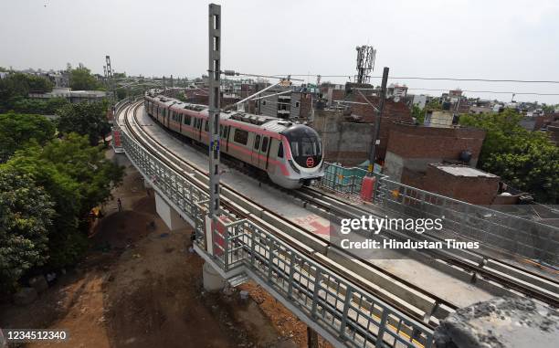 Delhi Metro's Pink Line run over the newly constructed Trilokpuri Sanjay Lake-Mayur Vihar Pocket-1 stretch, longest operational corridor of the...