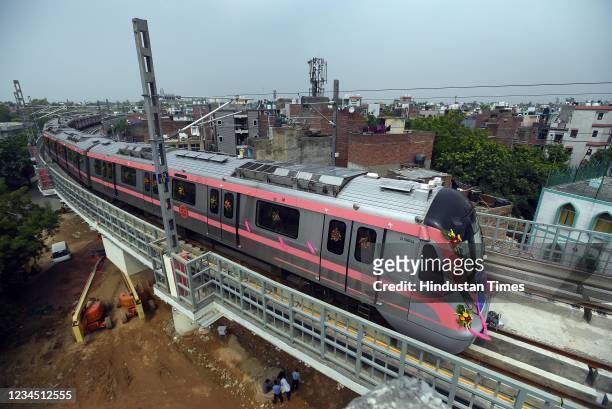 Delhi Metro's Pink Line run over the newly constructed Trilokpuri Sanjay Lake-Mayur Vihar Pocket-1 stretch, longest operational corridor of the...