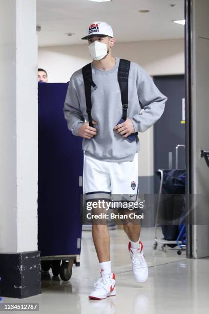 Devin Booker of the USA Men's National Team departs for the USA Men's National Team practice on August 6, 2021 in Tokyo, Japan. NOTE TO USER: User...