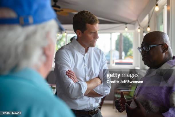 Rep. Conor Lamb talks with constituents at Riardos Bar and Grill on August 6, 2021 in New Castle, Pennsylvania. Lamb announced his candidacy for...