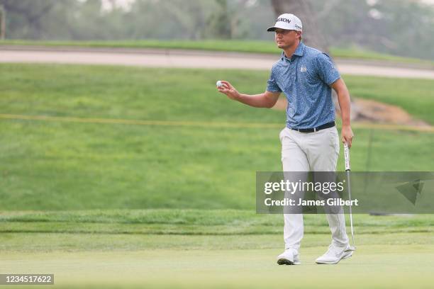 Max McGreevy acknowledges the crowd after sinking his putt on the 18th green during the second round of the Utah Championship presented by Zions Bank...