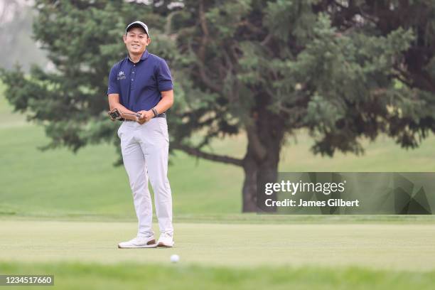 Dylan Wu reacts after missing his putt on the 9th green during the second round of the Utah Championship presented by Zions Bank at Oakridge Country...