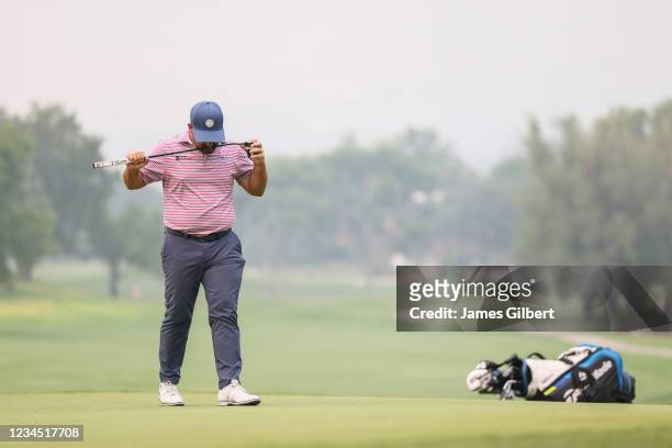 Roberto Diaz of Mexico reacts after missing his putt on the 18th green during the second round of the Utah Championship presented by Zions Bank at...