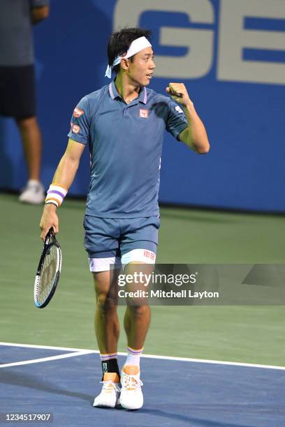 Kei Nishikori of Japan celebrates winnng a quarter final match against Lloyd Harris of South Africa on Day 7 during the Citi Open at Rock Creek...