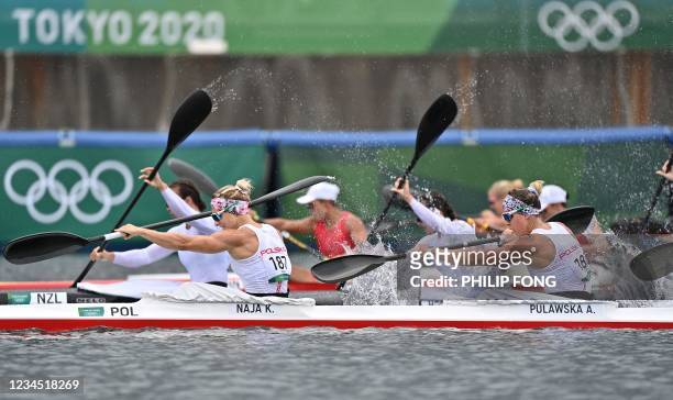 Poland's Karolina Naja and Poland's Anna Pulawska compete in the women's kayak four 500m semi-final during the Tokyo 2020 Olympic Games at Sea Forest...