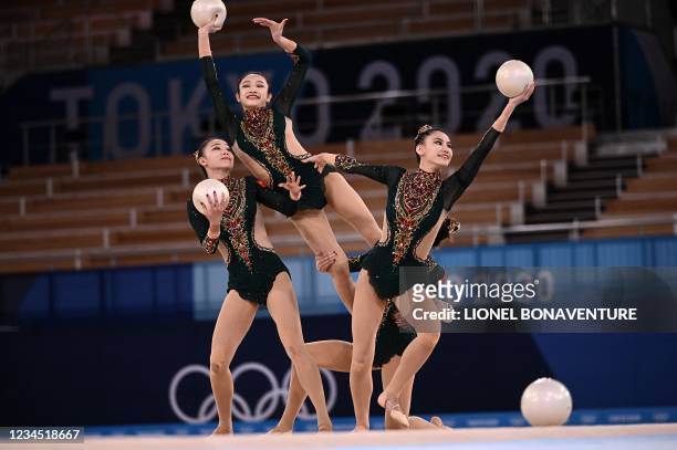 Team China competes in the group all-around qualification of the Rhythmic Gymnastics event during Tokyo 2020 Olympic Games at Ariake Gymnastics...