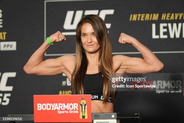 Karolina Kowalkiewicz steps on the scale during the official weigh-in for UFC 265 on August 2021, at Hyatt Regency in Houston, TX.