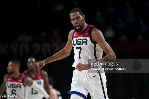 S Kevin Wayne Durant reacts during the men's final basketball match between France and USA of the Tokyo 2020 Olympic Games at the Saitama Super Arena...
