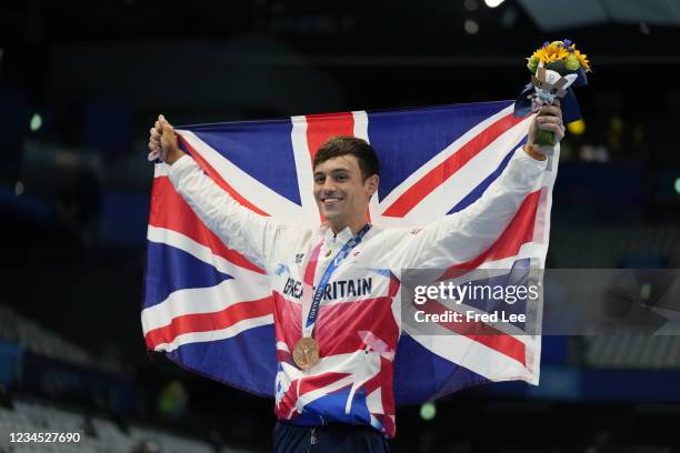 Bronze medalist Thomas Daley of Team Great Britain poses after the medal ceremony for the Men's 10m Platform Final on day fifteen of the Tokyo 2020...