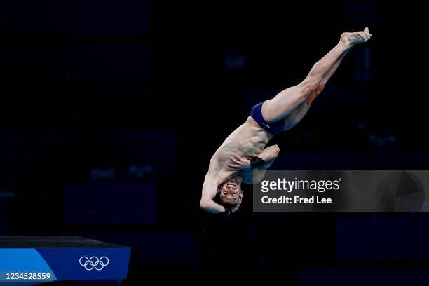 Brandon Loschiavo of Team United States competes in the Men's 10m Platform Final on day fifteen of the Tokyo 2020 Olympic Games at Tokyo Aquatics...