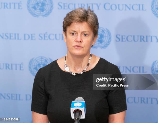 The Permanent Representative of the United Kingdom to the UN Ambassador Dame Barbara Woodward addressed media at stakeout at UN Headquarters. The...