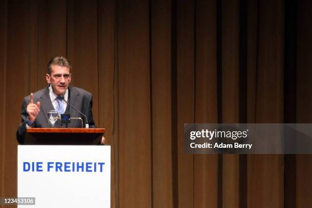 German Die Freiheit Party Chairman Rene Stadtkewitz speaks at a party rally that included Dutch right-wing politician Geert Wilders on September 3,...