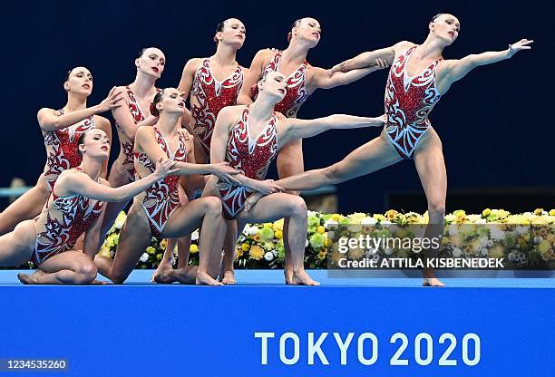 Team Canada competes in the team free routine artistic swimming event during the Tokyo 2020 Olympic Games at the Tokyo Aquatics Centre in Tokyo on...