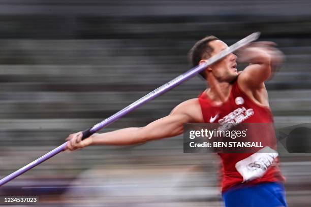 Czech Republic's Vitezalav Vesely competes in the men's javelin throw final during the Tokyo 2020 Olympic Games at the Olympic Stadium in Tokyo on...