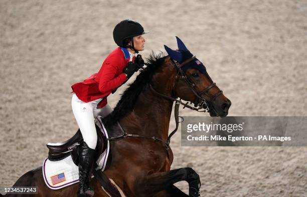 Jessica Springsteen of the USA aboard Don Juan Van De Donkhoeve during the Jumping Team Final at the Equestrian Park on the fifteenth day of the...