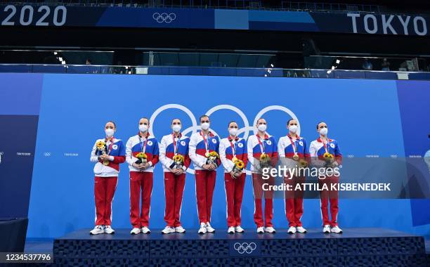 Gold medallist Russia's Svetlana Romashina, Russia's Svetlana Kolesnichenko, Russia's Alexandra Patskevich, Russia's Alla Shishkina, Russia's Vlada...