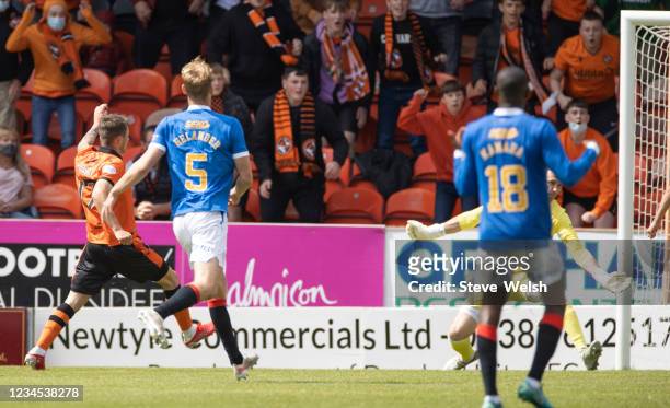 Jamie Robson of Dundee United scores his goal during the Cinch Scottish Premiership match between Dundee United and Rangers FC at on August 7, 2021...