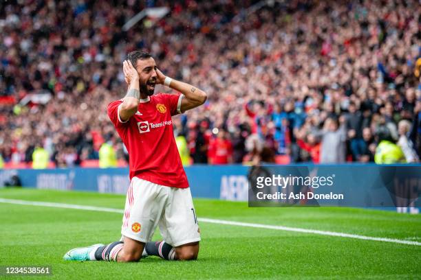 Bruno Fernandes of Manchester United celebrates scoring a goal to make the score 3-0 during the pre-season friendly match between Manchester United...