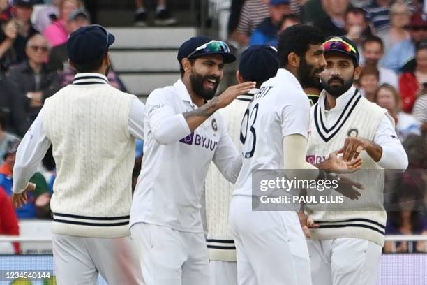 India's Jasprit Bumrah celebrates taking the wicket of England's Dom Sibley on the fourth day of the first cricket Test match of the India Tour of...