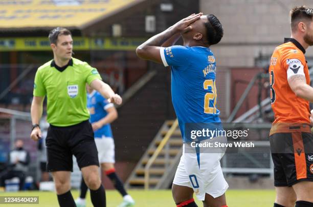Alfredo Morelos of Rangers rues a missed chance during the Cinch Scottish Premiership match between Dundee United and Rangers FC at on August 7, 2021...