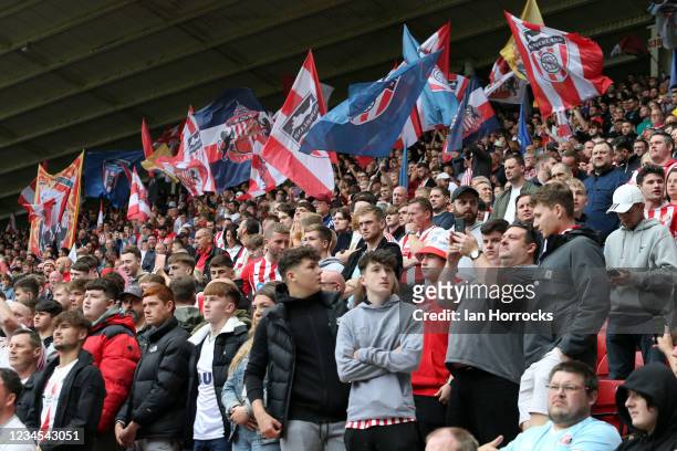 Sunderland fans during the Sky Bet League One match between Sunderland and Wigan Athletic at Stadium of Light on August 7, 2021 in Sunderland,...