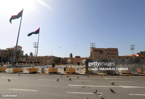 Pigeons fill the almost-empty Martyrs square in Libya's capital Tripoli, a day after the authorities announced a total curfew throughout the weekend,...