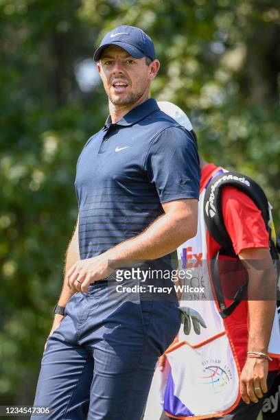 Rory McIlroy of Northern Ireland leaves the seventh tee during the third round of the World Golf Championships-FedEx St. Jude Invitational at TPC...