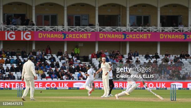 India's KL Rahul makes his ground on the fourth day of the first cricket Test match of the India Tour of England 2021 between England and India at...