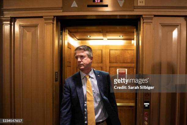 Senator Roger Marshall walks near the Senate Chamber during a vote at the U.S. Capitol on August 7, 2021 in Washington, DC. The Senate will vote on...