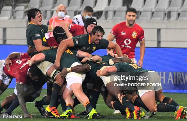 South Africa's lock Eben Etzebeth shouts in a rolling maul during the third rugby union Test match between South Africa and the British and Irish...