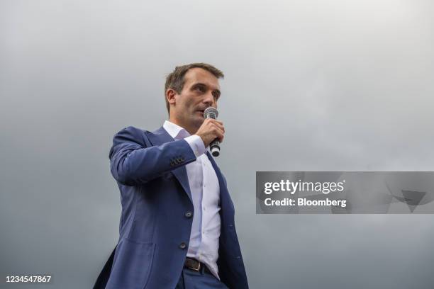 Florian Philippot, founder of The Patriots party, speaks near Place Vauban during a demonstration on Place Joffre against France's Covid-19 health...