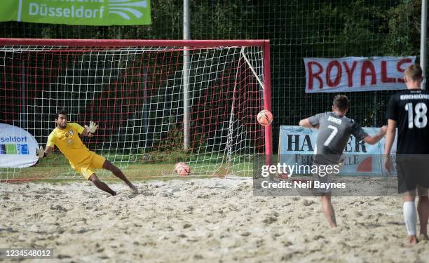 Philipp Borer of Beach Royals Duesseldorf scoring during the German Beachsoccer League game between Ibbenbuerener BSC and Beach Royals Duesseldorf on...
