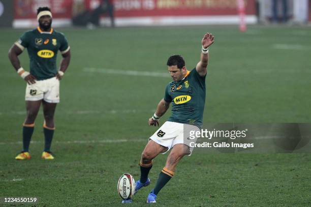 Morne Steyn of South Africa kicks the winning penalty during the Castle Lager Lions Series 3rd Test match between South Africa and British and Irish...