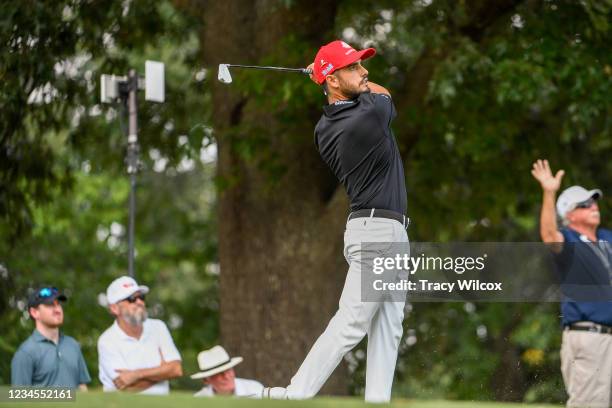 Abraham Ancer of Mexico hits his tee shot at the eighth hole during the third round of the World Golf Championships-FedEx St. Jude Invitational at...