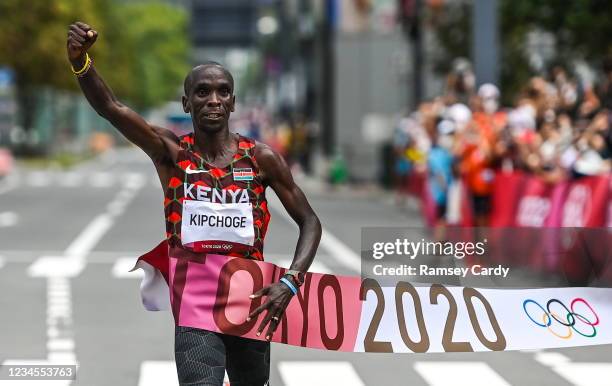 Hokkaido , Japan - 8 August 2021; Eliud Kipchoge of Kenya celebrates as he crosses the finish line to win the men's marathon at Hokkaido University...