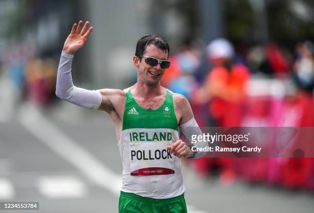 Hokkaido , Japan - 8 August 2021; Paul Pollock of Ireland celebrates crossing the finish line in 71st place during the men's marathon at Sapporo...