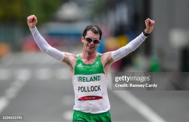 Hokkaido , Japan - 8 August 2021; Paul Pollock of Ireland celebrates crossing the finish line in 71st place during the men's marathon at Sapporo...