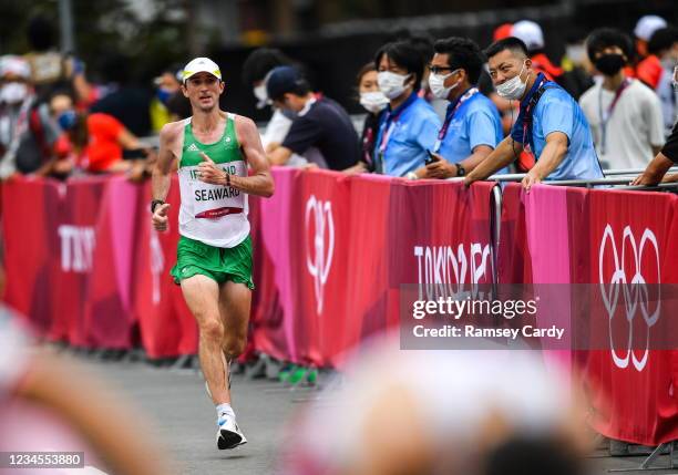 Hokkaido , Japan - 8 August 2021; Kevin Seaward of Ireland approaches the finish line in 58th place during the men's marathon at Sapporo Odori Park...