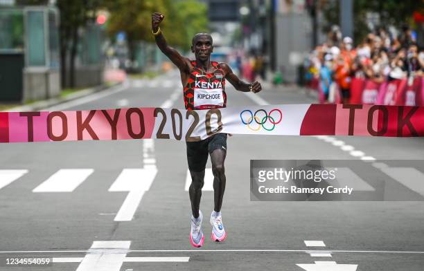 Hokkaido , Japan - 8 August 2021; Eliud Kipchoge of Kenya celebrates as he crosses the finish line to win the men's marathon at Hokkaido University...