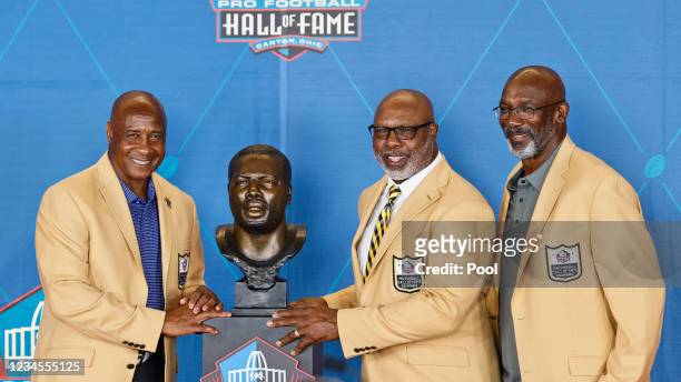 Lynn Swann, Donnie Shell, John Stallworth pose during the induction ceremony at the Pro Football Hall of Fame on August 7, 2021 in Canton, Ohio.