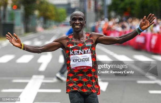 Hokkaido , Japan - 8 August 2021; Eliud Kipchoge of Kenya celebrates after winning the men's marathon at Sapporo Odori Park on day 16 during the 2020...