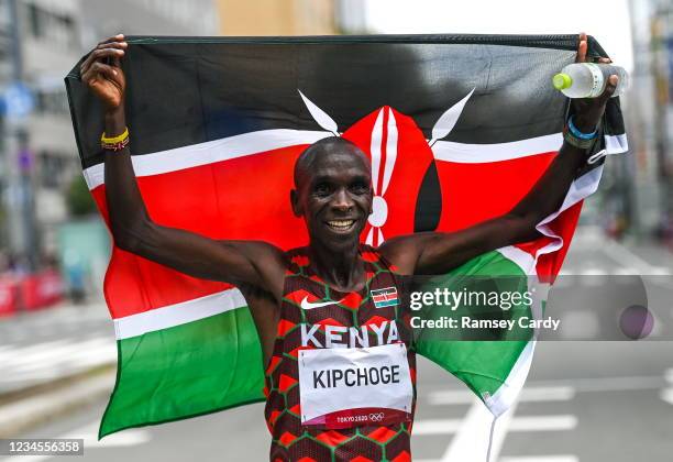 Hokkaido , Japan - 8 August 2021; Eliud Kipchoge of Kenya celebrates after winning the men's marathon at Sapporo Odori Park on day 16 during the 2020...